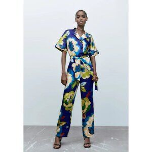NWOT Zara blue multicoloured floral print belted jumpsuit, XS